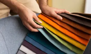 Ręce trzymają próbki tkanin, od jasnego błękitu po ciemny brąz. Wybór materiałów, co to są syntetyki, do nowego mebla.