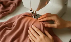 Dłonie szyją różowy materiał, prawdopodobnie bawełna jersey, na maszynie.