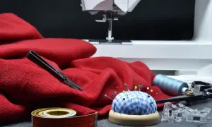 Czerwona, **cienka tkanina** czeka na maszynie do szycia. Obok nożyczki, miarka i poduszeczka z agrafkami.