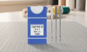 Opakowanie z oznaczeniami igły do maszyn przemysłowych: 130/705 H, 15x1, HA x1, 12/80. Obok trzy igły.