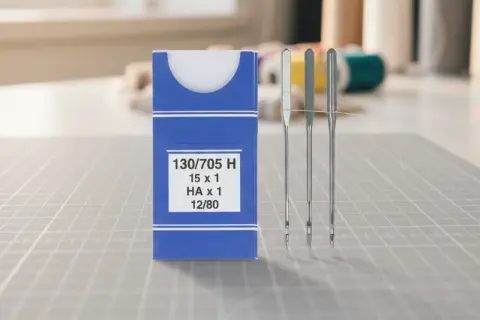 Opakowanie z oznaczeniami igły do maszyn przemysłowych: 130/705 H, 15x1, HA x1, 12/80. Obok trzy igły.