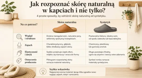 Tabela porównująca skórę naturalną i syntetyk w kapciach. Oznaczenia producenta pomagają rozpoznać materiał.