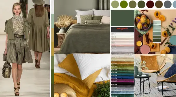 Zieleń khaki w modzie i wnętrzach: od wybiegu po sypialnię, inspiracje kolorystyczne.