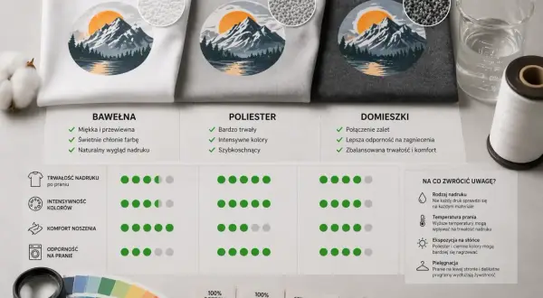 Porównanie bawełny, poliestru i domieszek. Czy poliester grzeje? Wskazówki dotyczące pielęgnacji i trwałości nadruków.