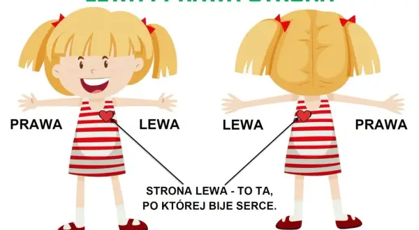 Dziewczynka pokazuje lewą stronę, gdzie bije serce, i prawą. Obrazek wyjaśnia różnicę między lewą a prawą stroną.
