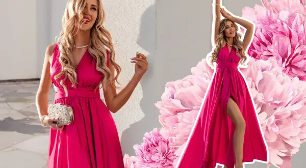 Elegancka kobieta w fuksjowej sukni z rozcięciem. Dowiedz się, jak zwęzić sukienkę pod pachami, by idealnie pasowała.
