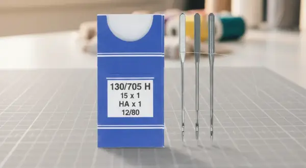 Opakowanie z oznaczeniami igły do maszyn przemysłowych: 130/705 H, 15x1, HA x1, 12/80. Obok trzy igły.