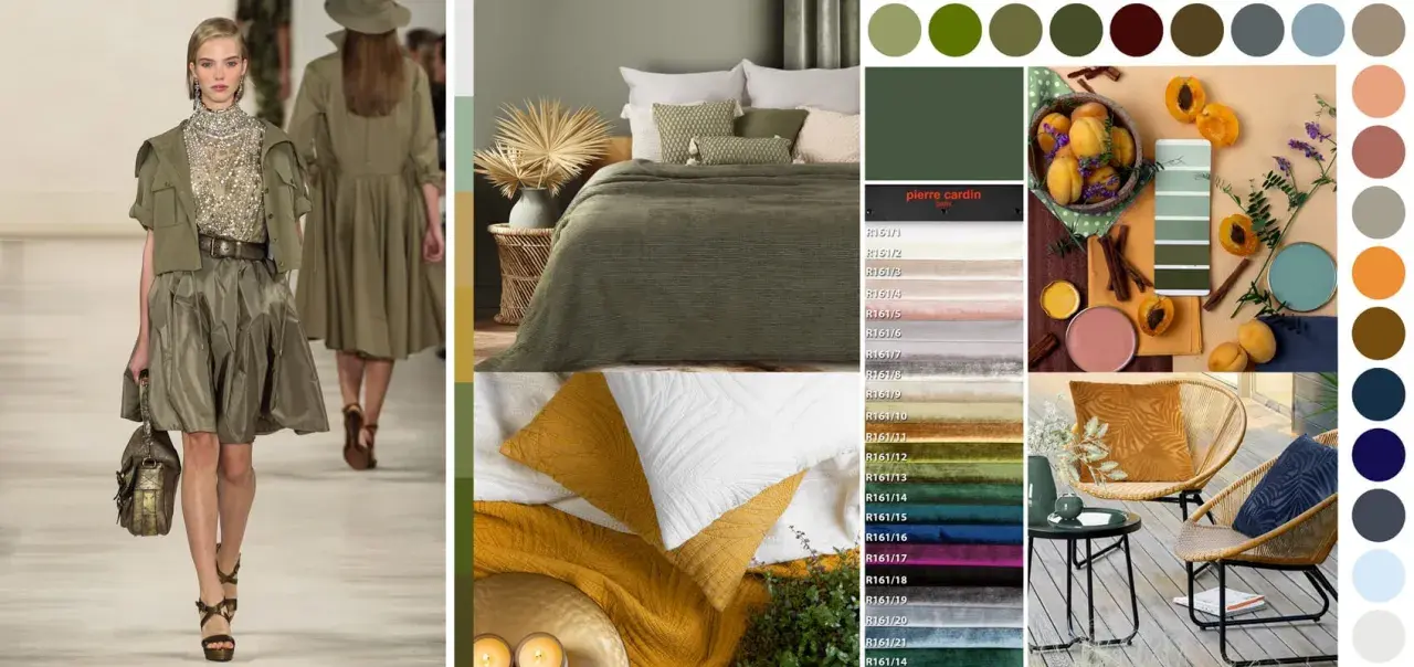 Zieleń khaki w modzie i wnętrzach: od wybiegu po sypialnię, inspiracje kolorystyczne.