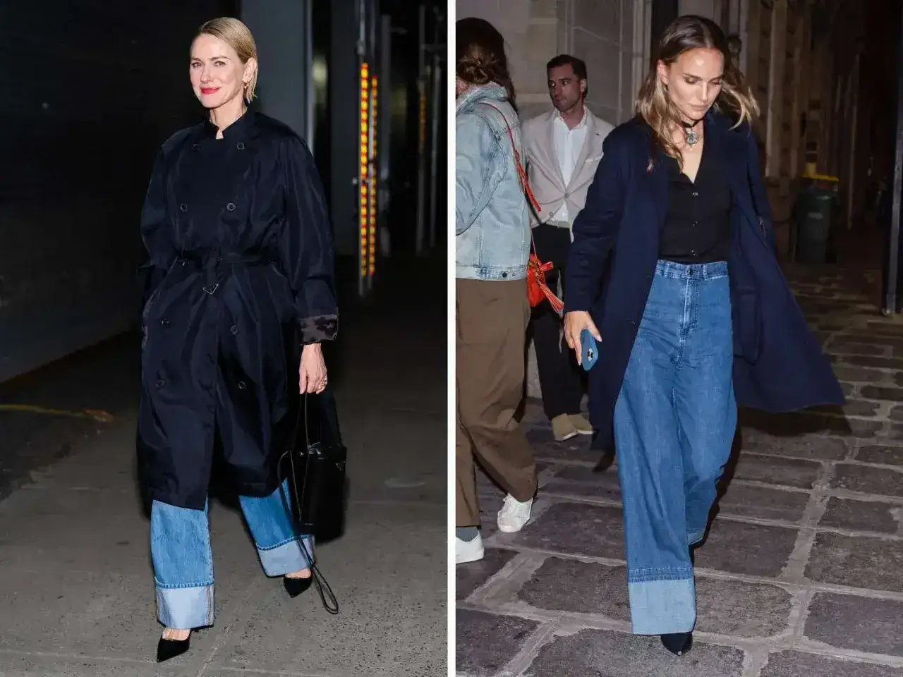 Szerokie nogawki jeansów podwinięte na duży mankiet, jak u Naomi Watts i Natalie Portman, to modny sposób na stylizację.