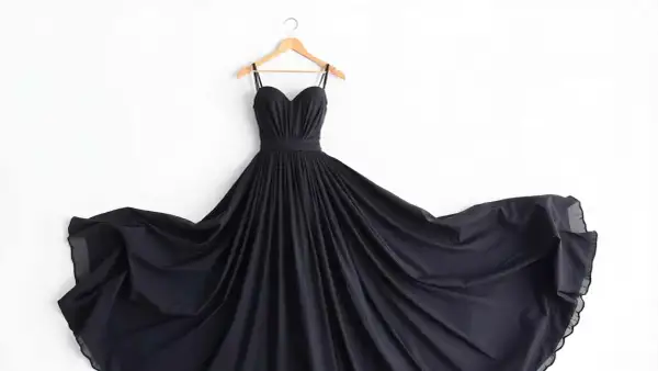 Elegancka, czarna sukienka na ramiączkach z lejących się tkanin na sukienki, rozwiana na boki.