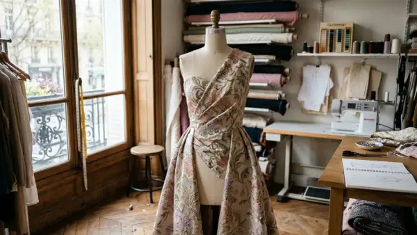Elegancka sukienka na manekinie, uszyta z bogatego żakard tkaniny z motywem kwiatowym. W tle pracownia krawiecka z materiałami i maszyną do szycia.