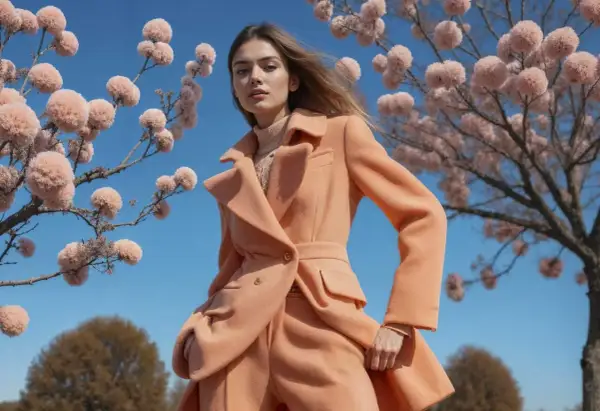 Kobieta w brzoskwiniowym płaszczu z wełny, idealnym na wiosnę. Tkanina na płaszcze prezentuje się lekko i elegancko na tle kwitnących drzew.